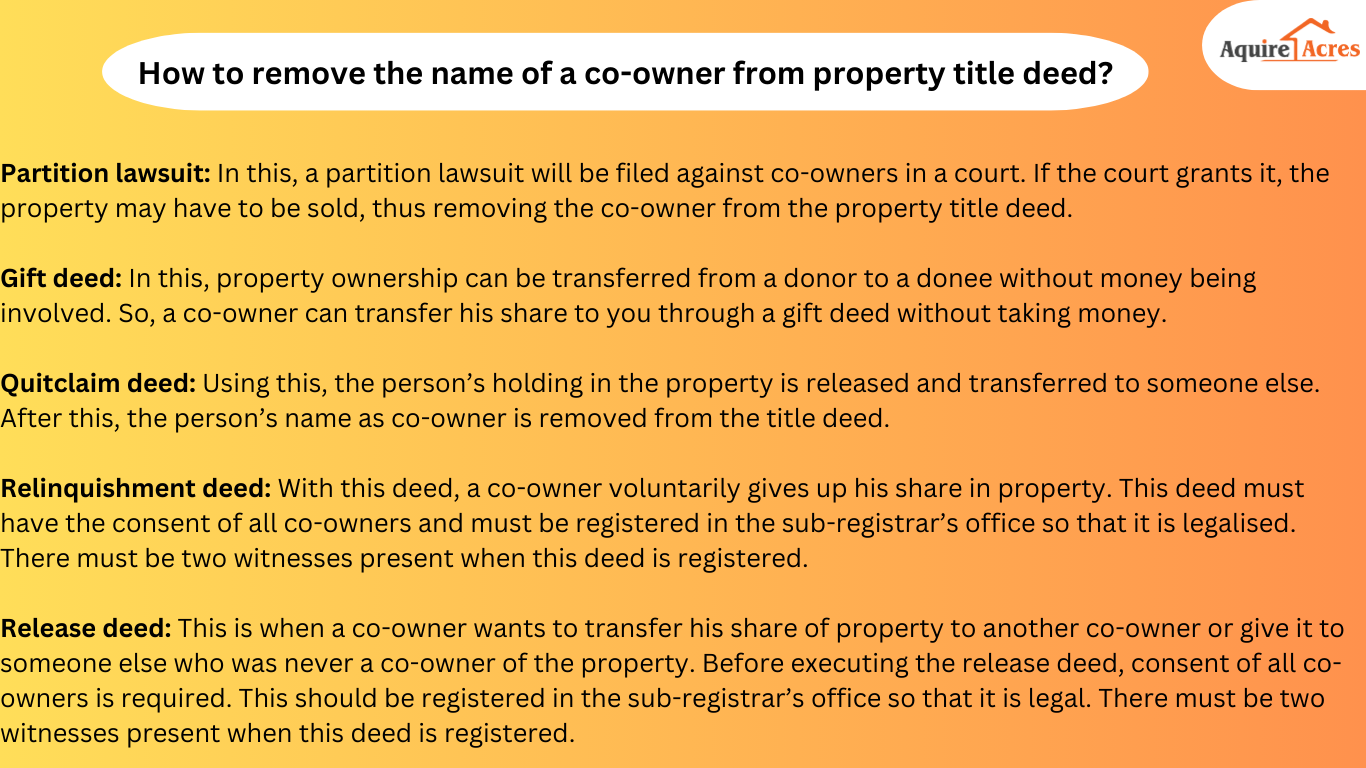Before deleting a co-owner's name from the property title, caution should be exercised. Furthermore, it is important to assess the simplest approach to accomplish this. Ultimately, any approach employed must adhere to legal regulations and ensure fairness for all parties included.